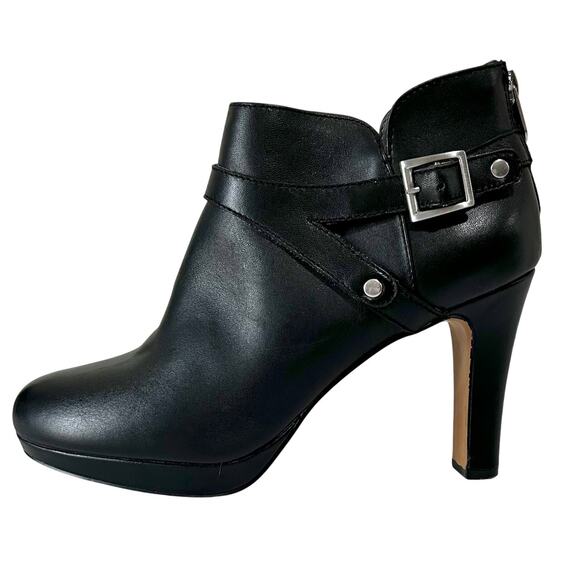 ADRIENNE VITTADINI Leather 9M Sexy Buckle Ankle Boots Black 4" Heel Zipper - Picture 2 of 8